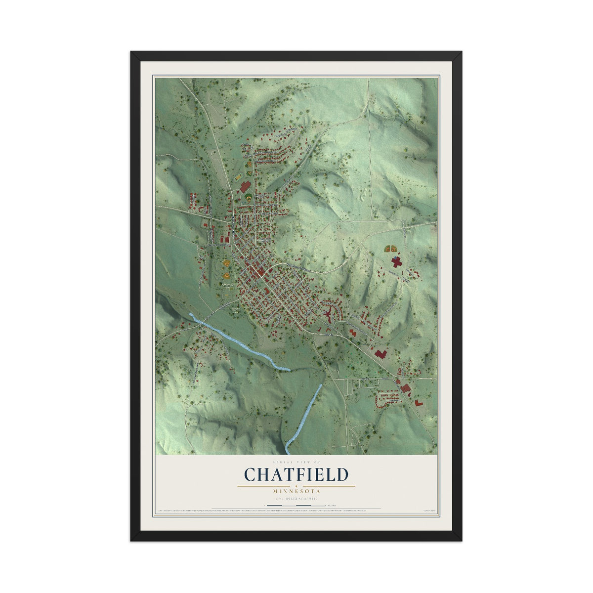 Map of Chatfield, Minnesota, 12 x 18 inch print in a black wood frame