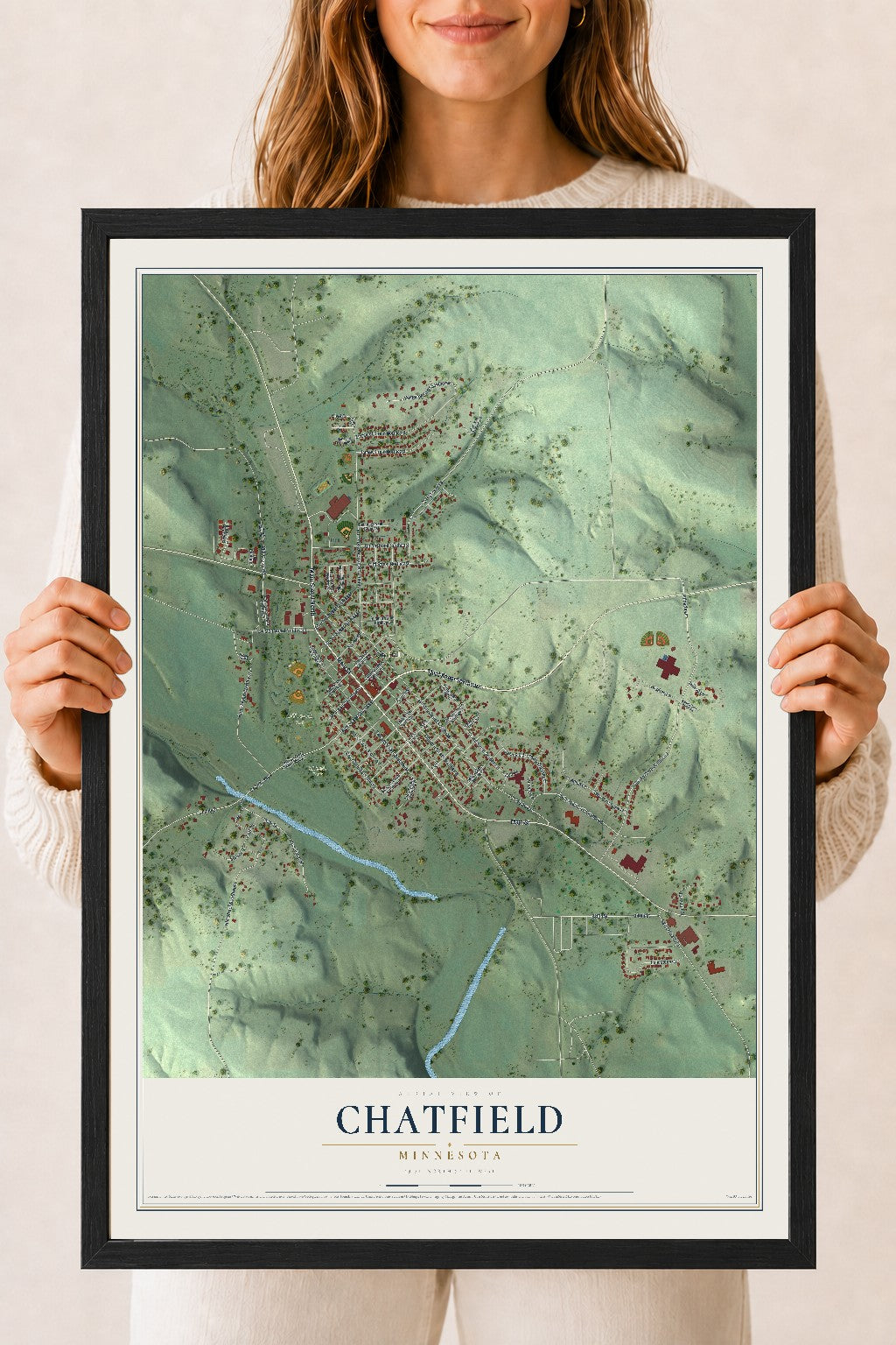 Map of Chatfield, Minnesota, 18 x 24 inch print in a black wood frame