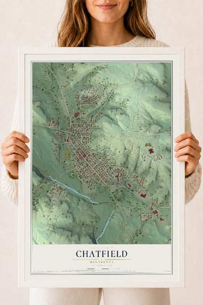 Map of Chatfield, Minnesota, 18 x 24 inch print in a white wood frame