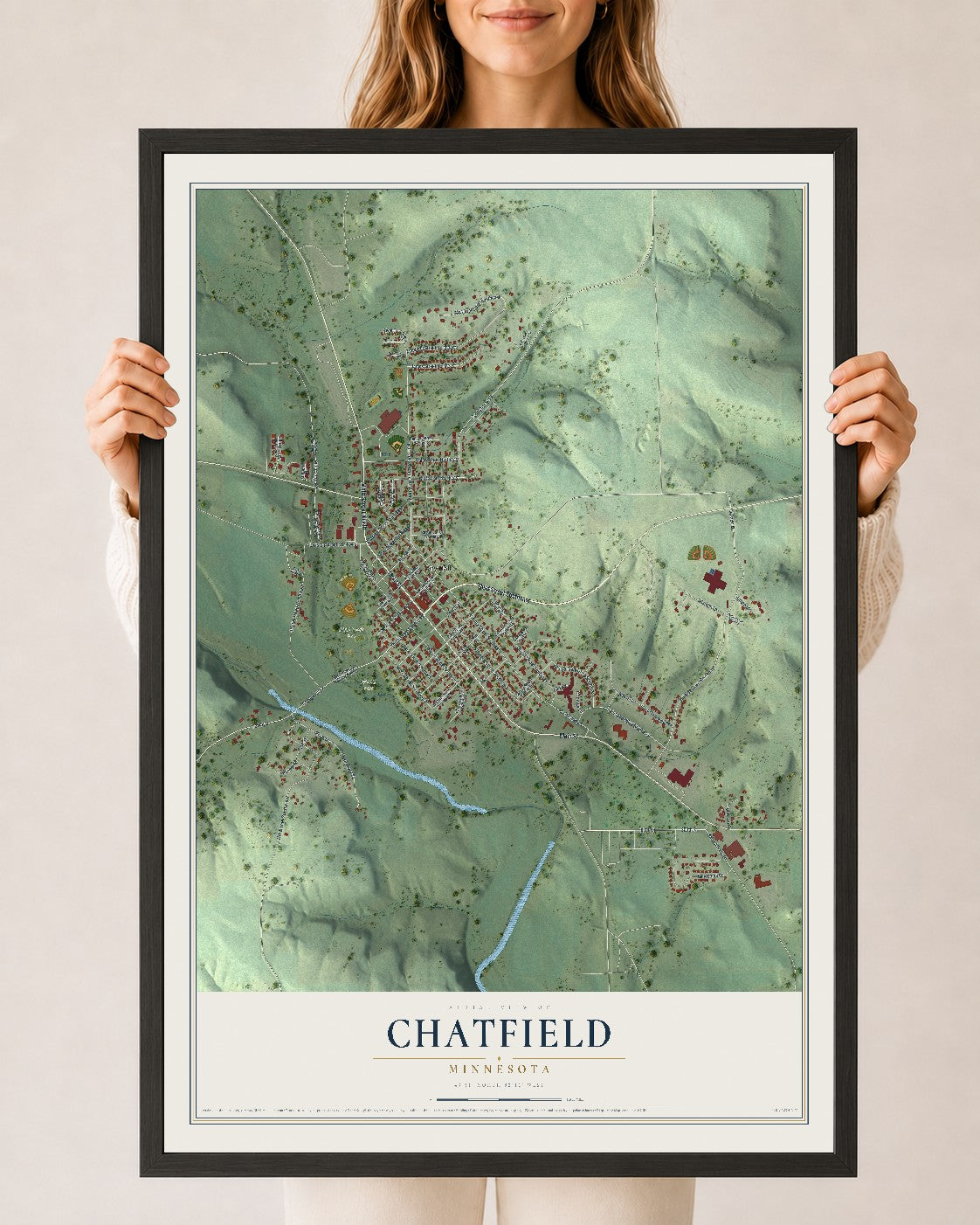 Map of Chatfield, Minnesota, 24 x 36 inch print in a black wood frame