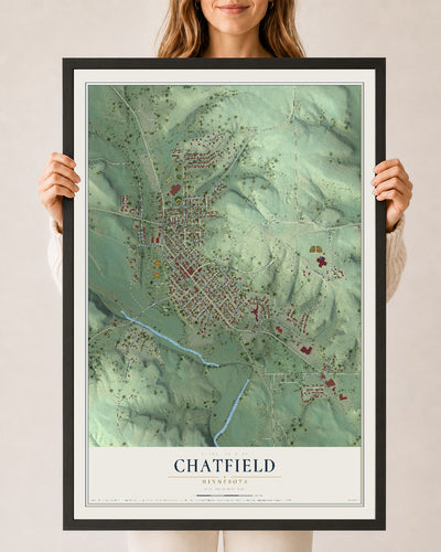 Map of Chatfield, Minnesota, 24 x 36 inch print in a black wood frame