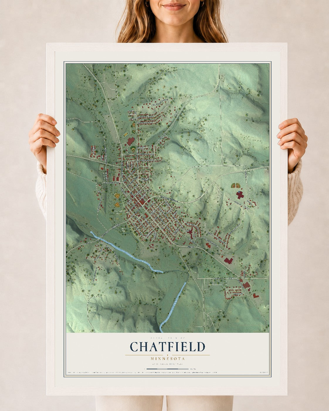 Map of Chatfield, Minnesota, 24 x 36 inch print in a white wood frame