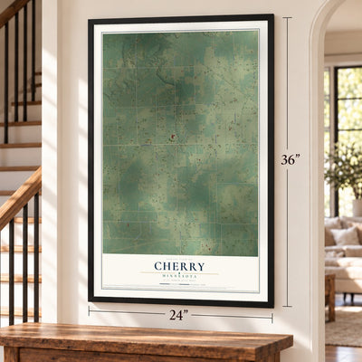 Cherry, Minnesota map, 24 x 36 inch print in a black frame by a staircase