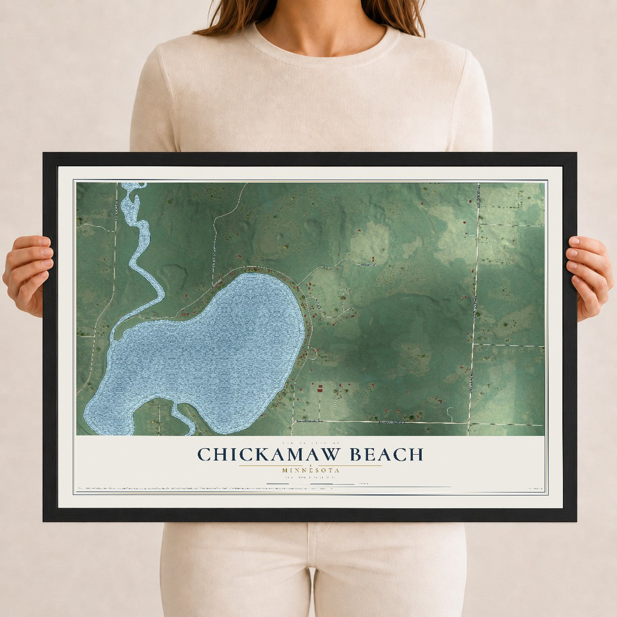 Map of Chickamaw Beach, Minnesota, 12 x 18 inch print in a black wood frame