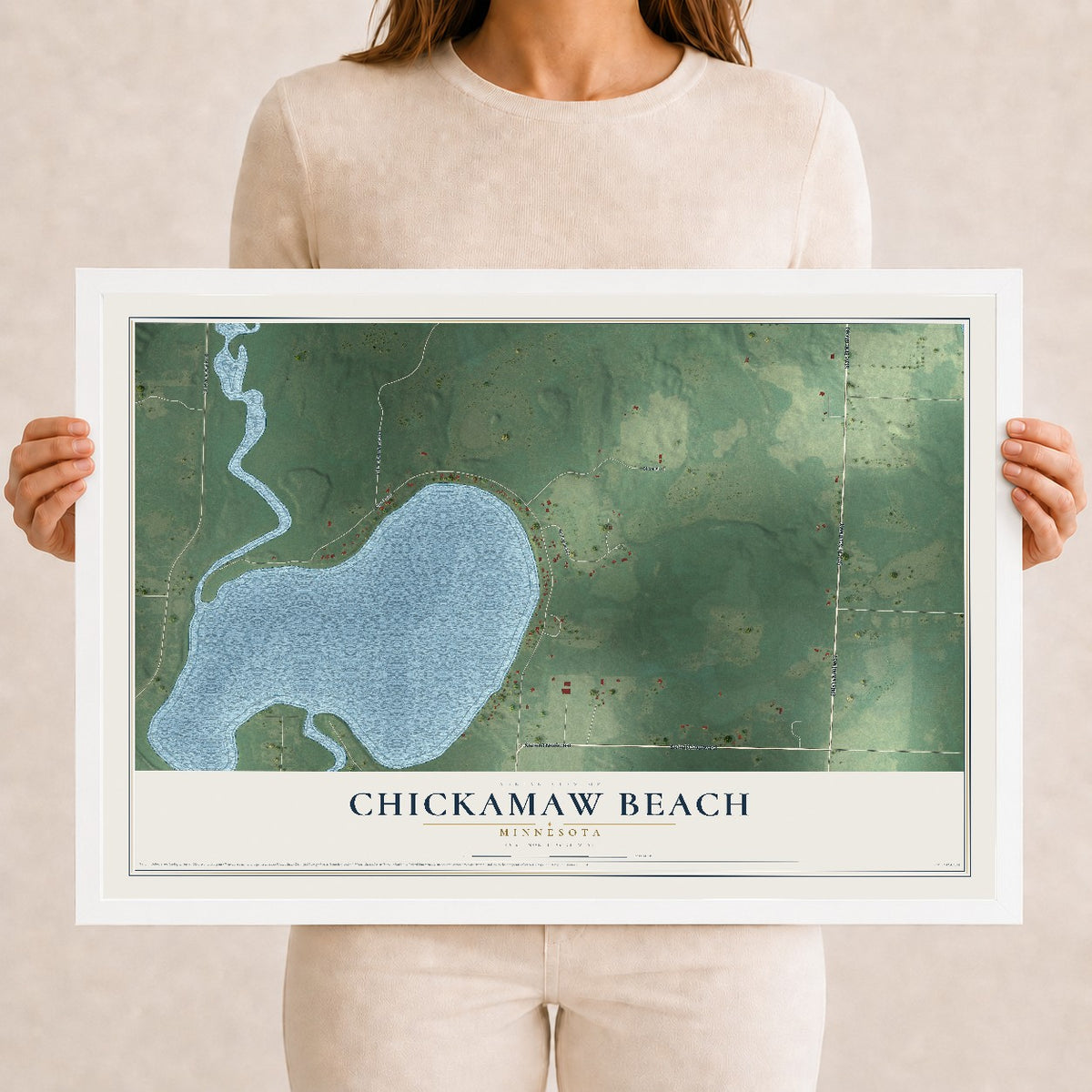 Map of Chickamaw Beach, Minnesota, 12 x 18 inch print in a white wood frame