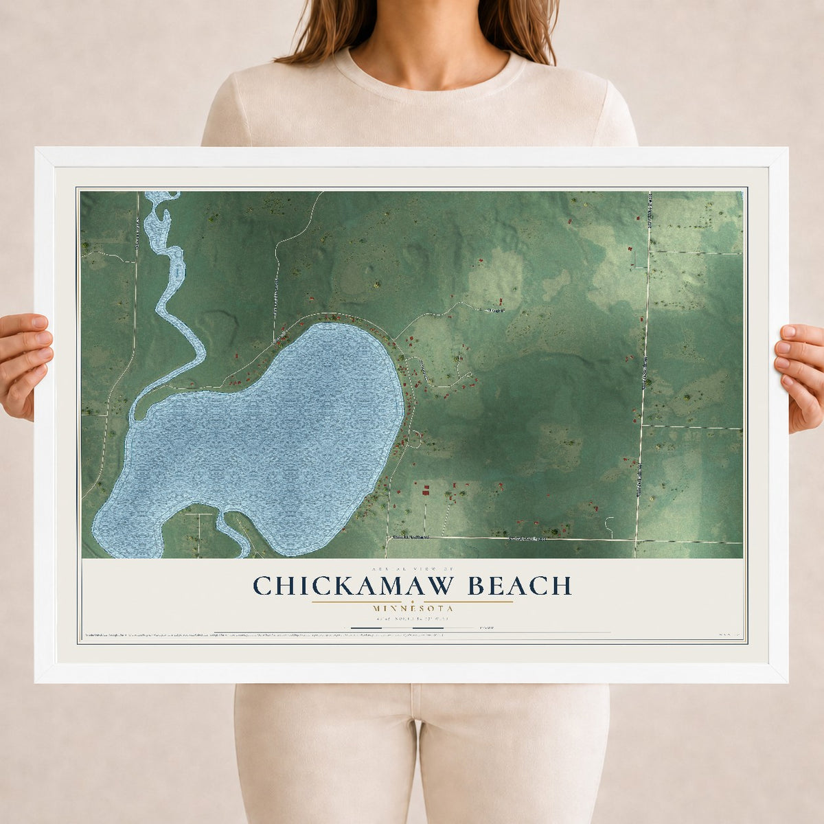 Map of Chickamaw Beach, Minnesota, 18 x 24 inch print in a white wood frame