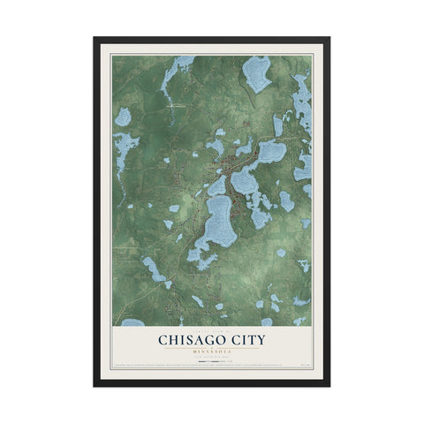 Map of Chisago City, Minnesota, 12 x 18 inch print in a black wood frame