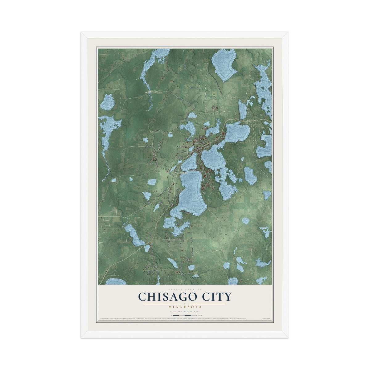Map of Chisago City, Minnesota, 12 x 18 inch print in a white wood frame