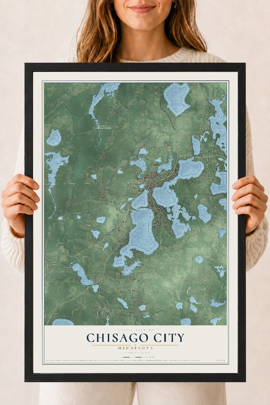 Map of Chisago City, Minnesota, 18 x 24 inch print in a black wood frame