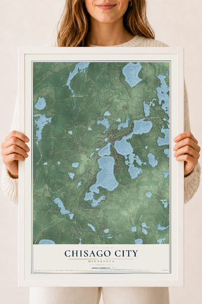 Map of Chisago City, Minnesota, 18 x 24 inch print in a white wood frame