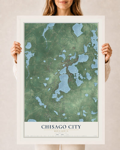 Map of Chisago City, Minnesota, 24 x 36 inch print in a white wood frame