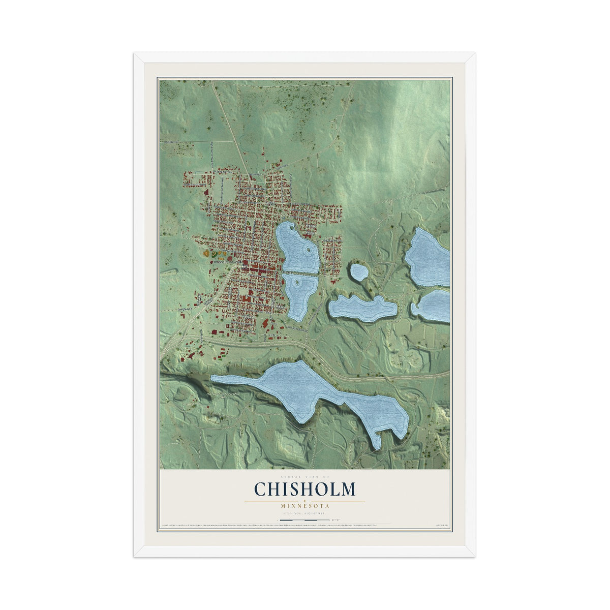 Map of Chisholm, Minnesota, 12 x 18 inch print in a white wood frame