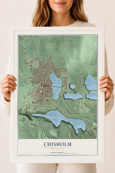 Map of Chisholm, Minnesota, 18 x 24 inch print in a white wood frame
