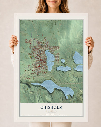 Map of Chisholm, Minnesota, 24 x 36 inch print in a white wood frame