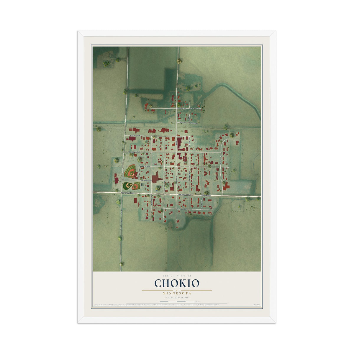 Map of Chokio, Minnesota, 12 x 18 inch print in a white wood frame
