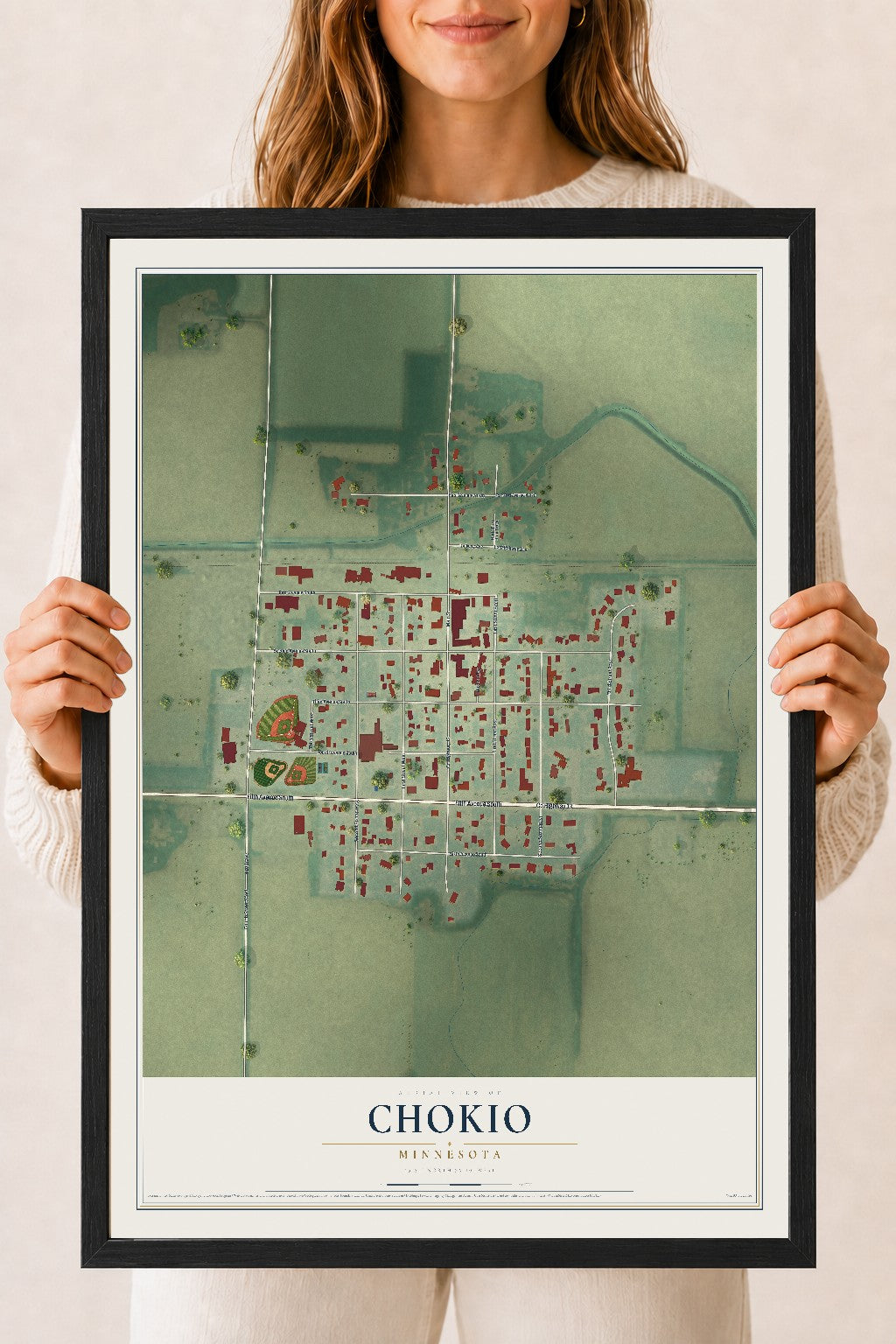 Map of Chokio, Minnesota, 18 x 24 inch print in a black wood frame