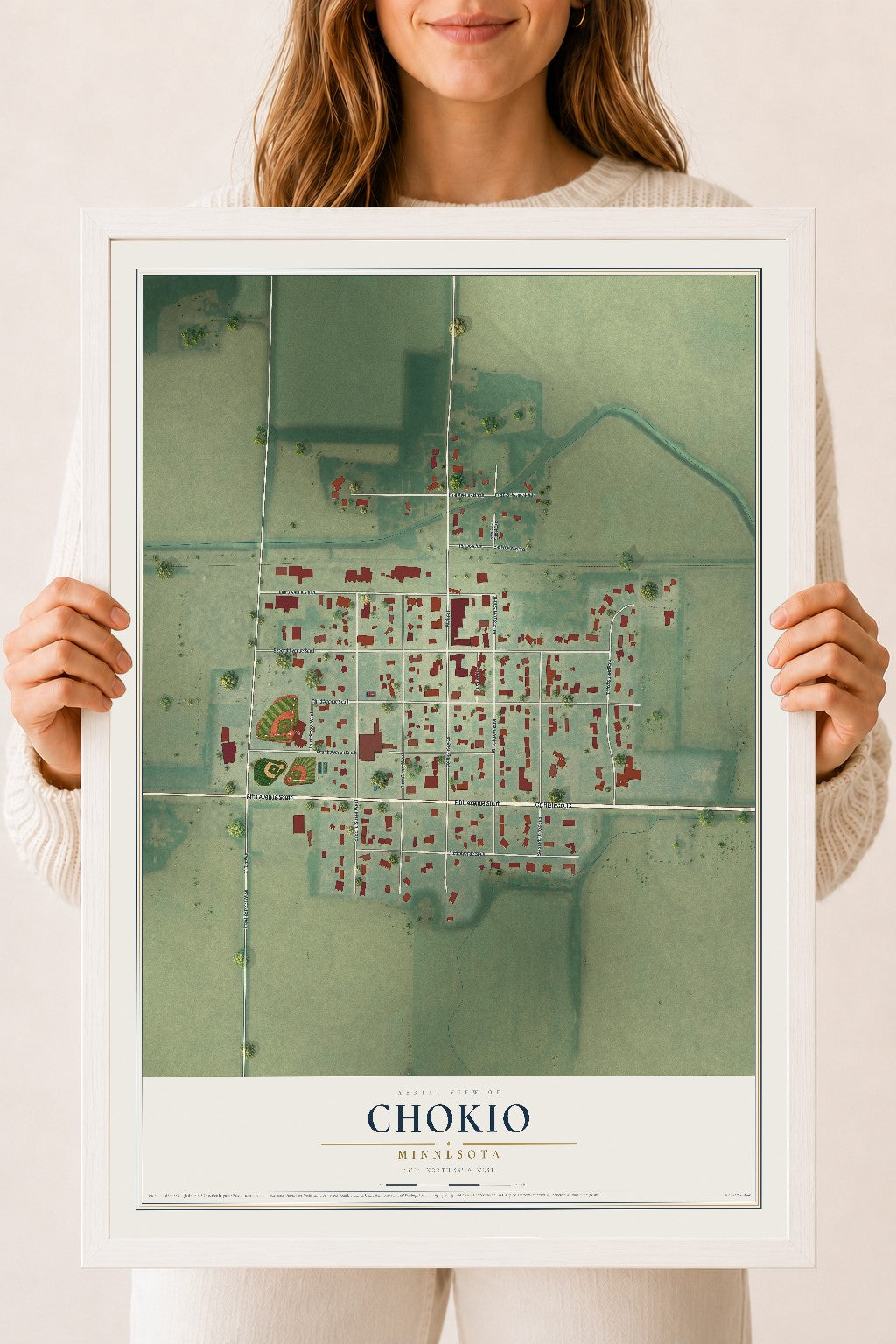 Map of Chokio, Minnesota, 18 x 24 inch print in a white wood frame