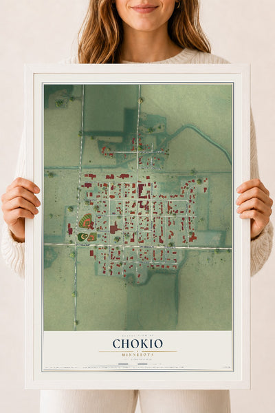 Map of Chokio, Minnesota, 18 x 24 inch print in a white wood frame