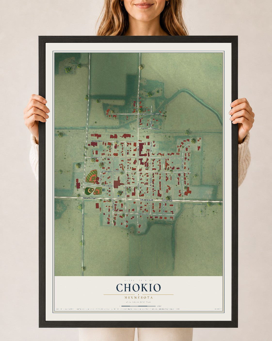 Map of Chokio, Minnesota, 24 x 36 inch print in a black wood frame