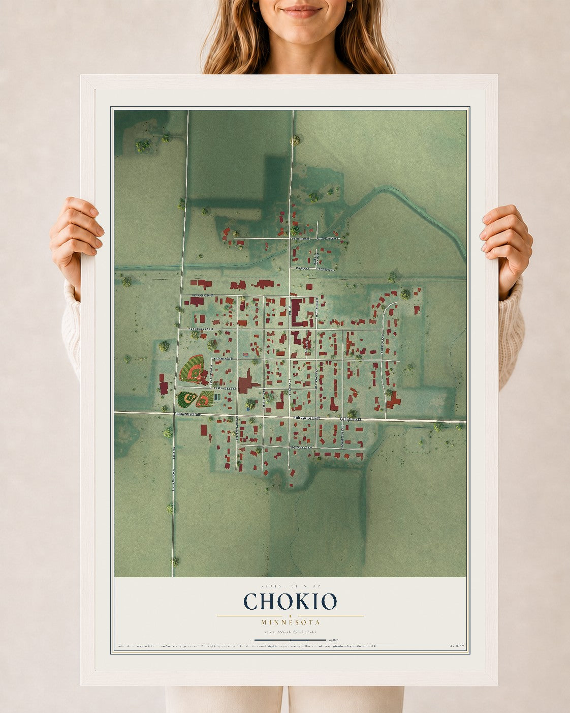 Map of Chokio, Minnesota, 24 x 36 inch print in a white wood frame