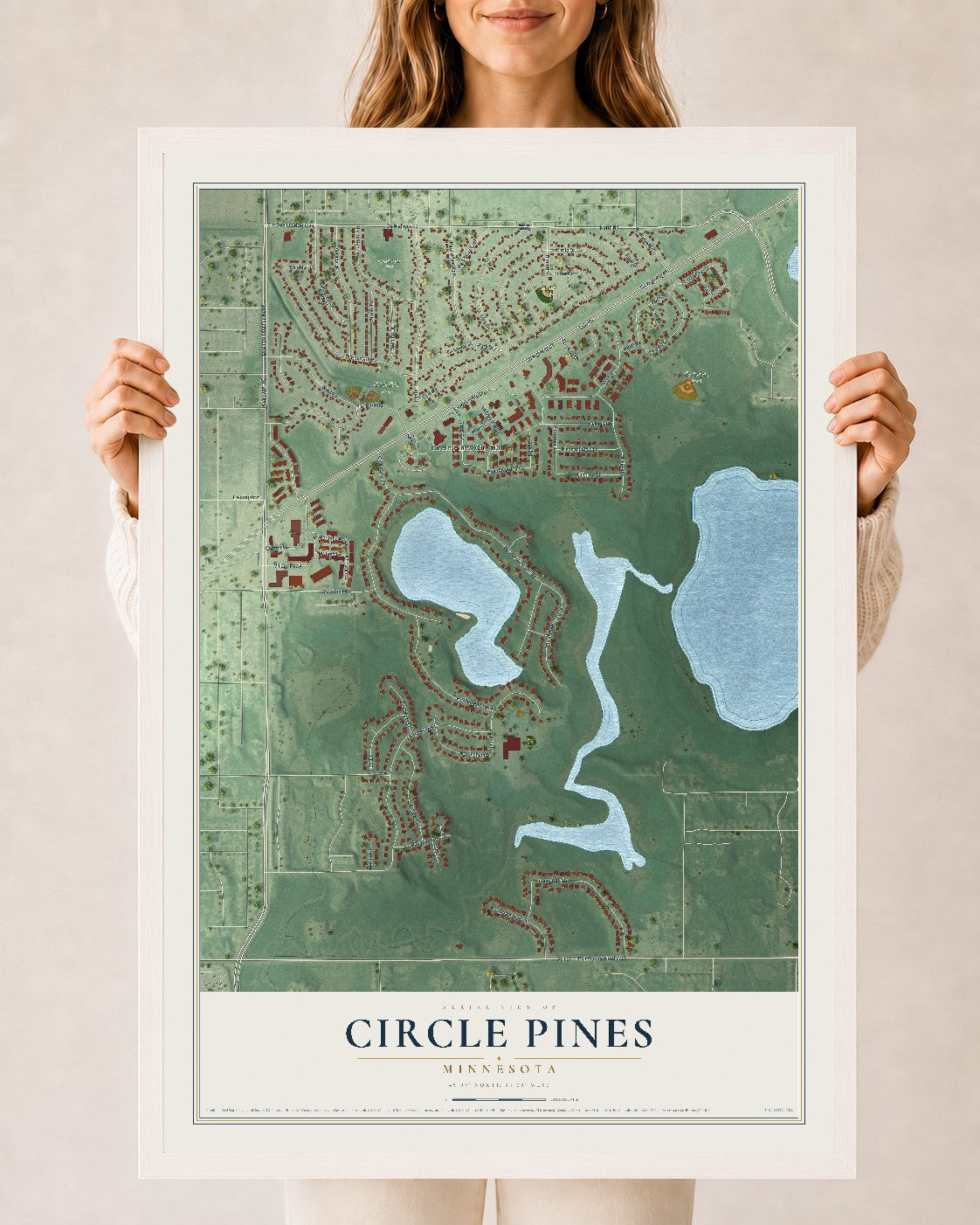 Map of Circle Pines, Minnesota, 24 x 36 inch print in a white wood frame