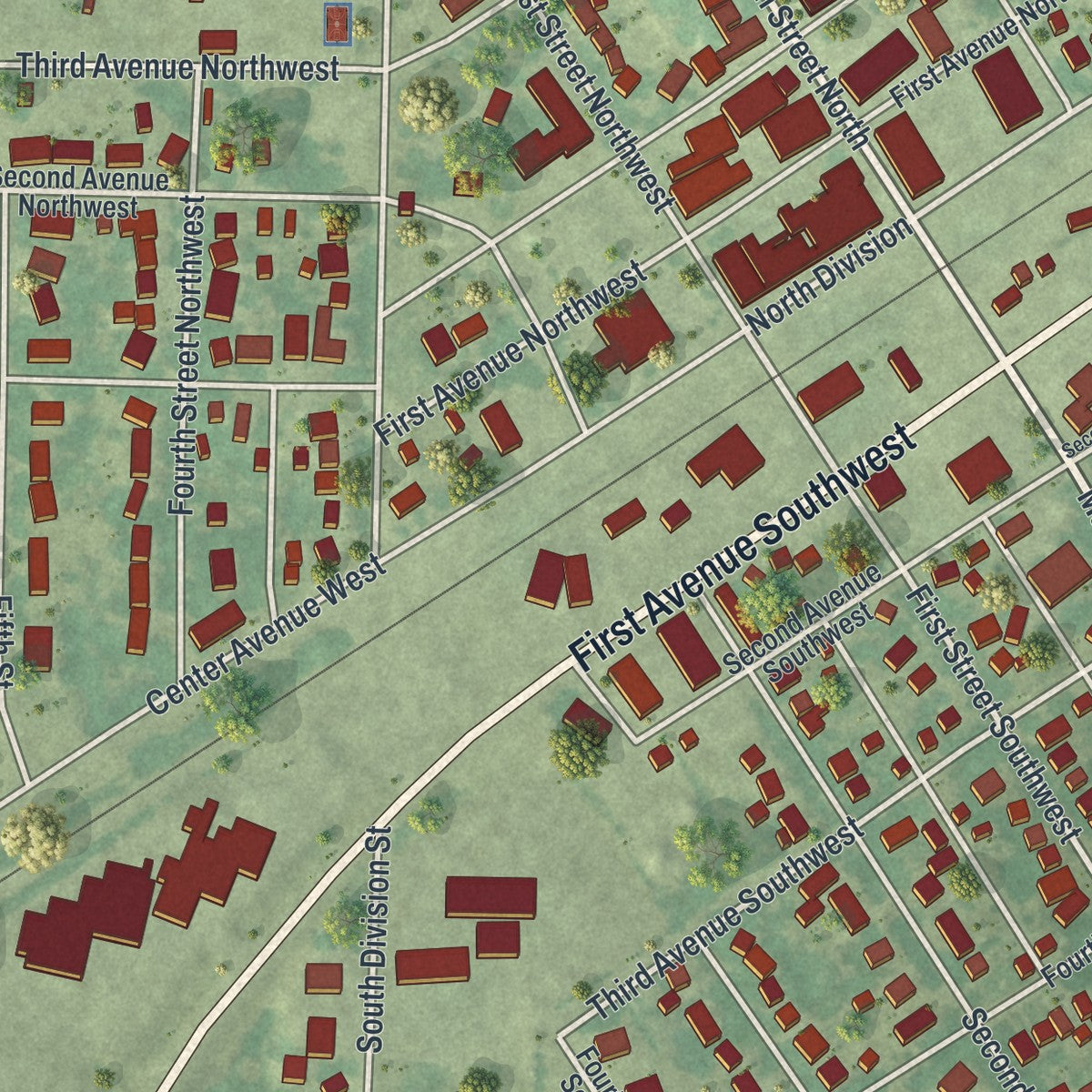 Close-up of the map of Clara City, Minnesota print showing street and building detail