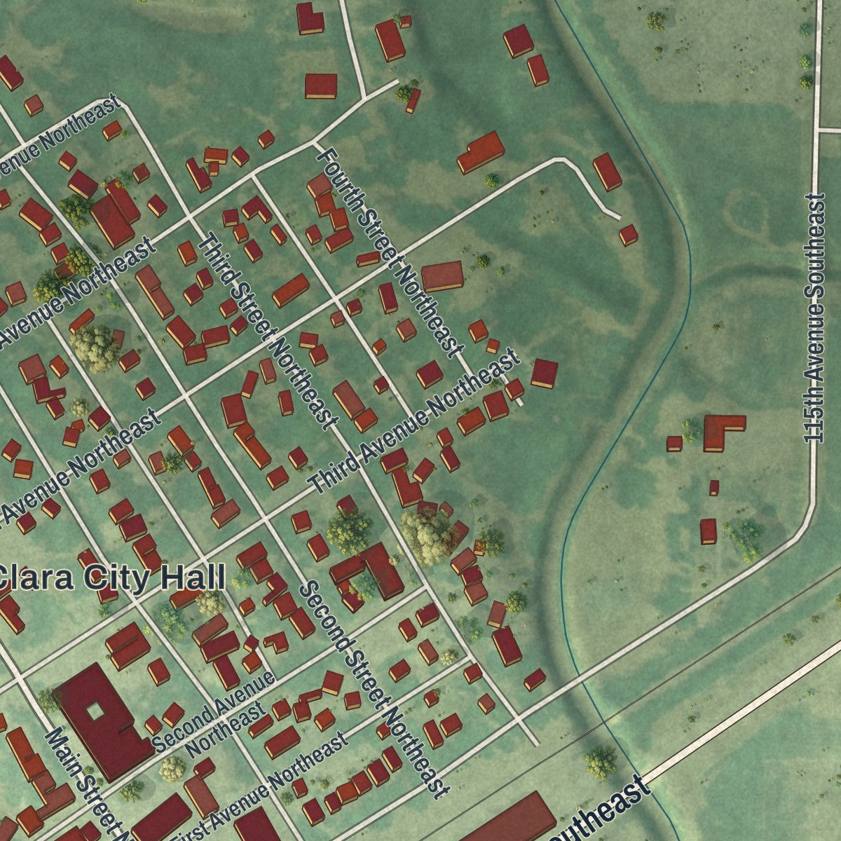 Second close-up of the map of Clara City, Minnesota print showing more streets and buildings