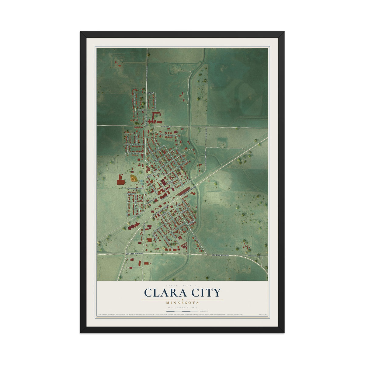 Map of Clara City, Minnesota, 12 x 18 inch print in a black wood frame