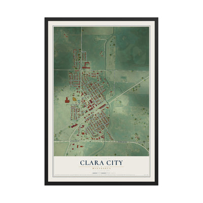 Map of Clara City, Minnesota, 12 x 18 inch print in a black wood frame