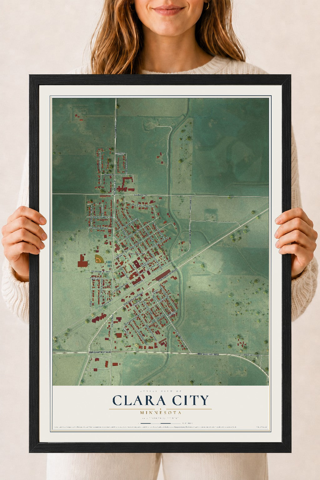 Map of Clara City, Minnesota, 18 x 24 inch print in a black wood frame