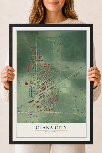 Map of Clara City, Minnesota, 18 x 24 inch print in a black wood frame