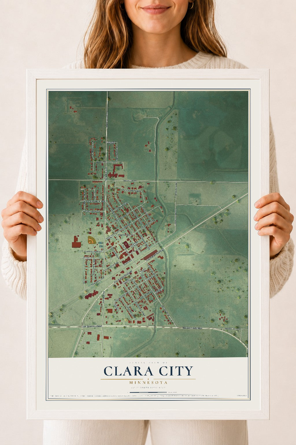 Map of Clara City, Minnesota, 18 x 24 inch print in a white wood frame