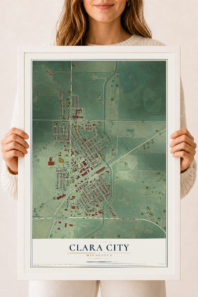 Map of Clara City, Minnesota, 18 x 24 inch print in a white wood frame