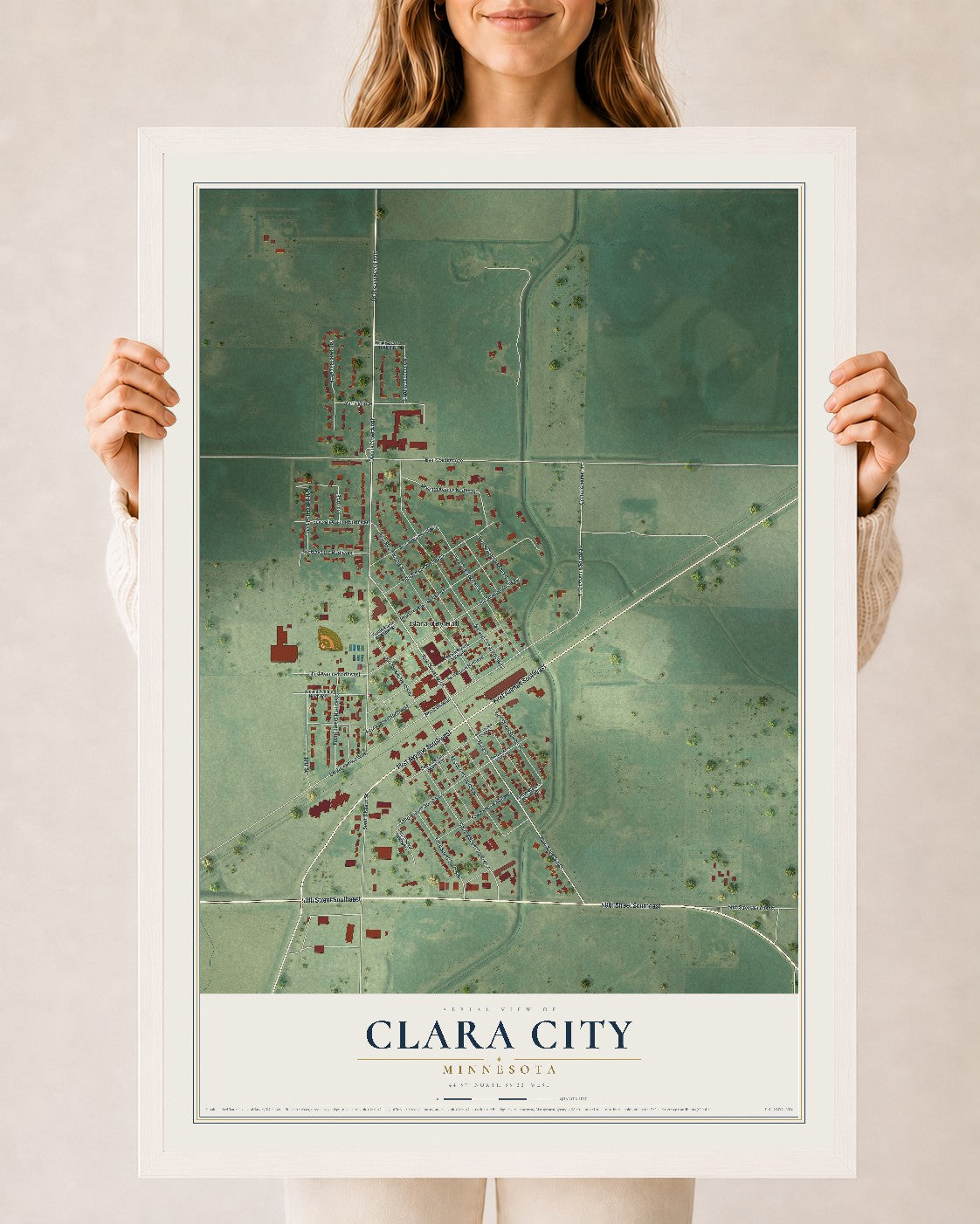 Map of Clara City, Minnesota, 24 x 36 inch print in a white wood frame