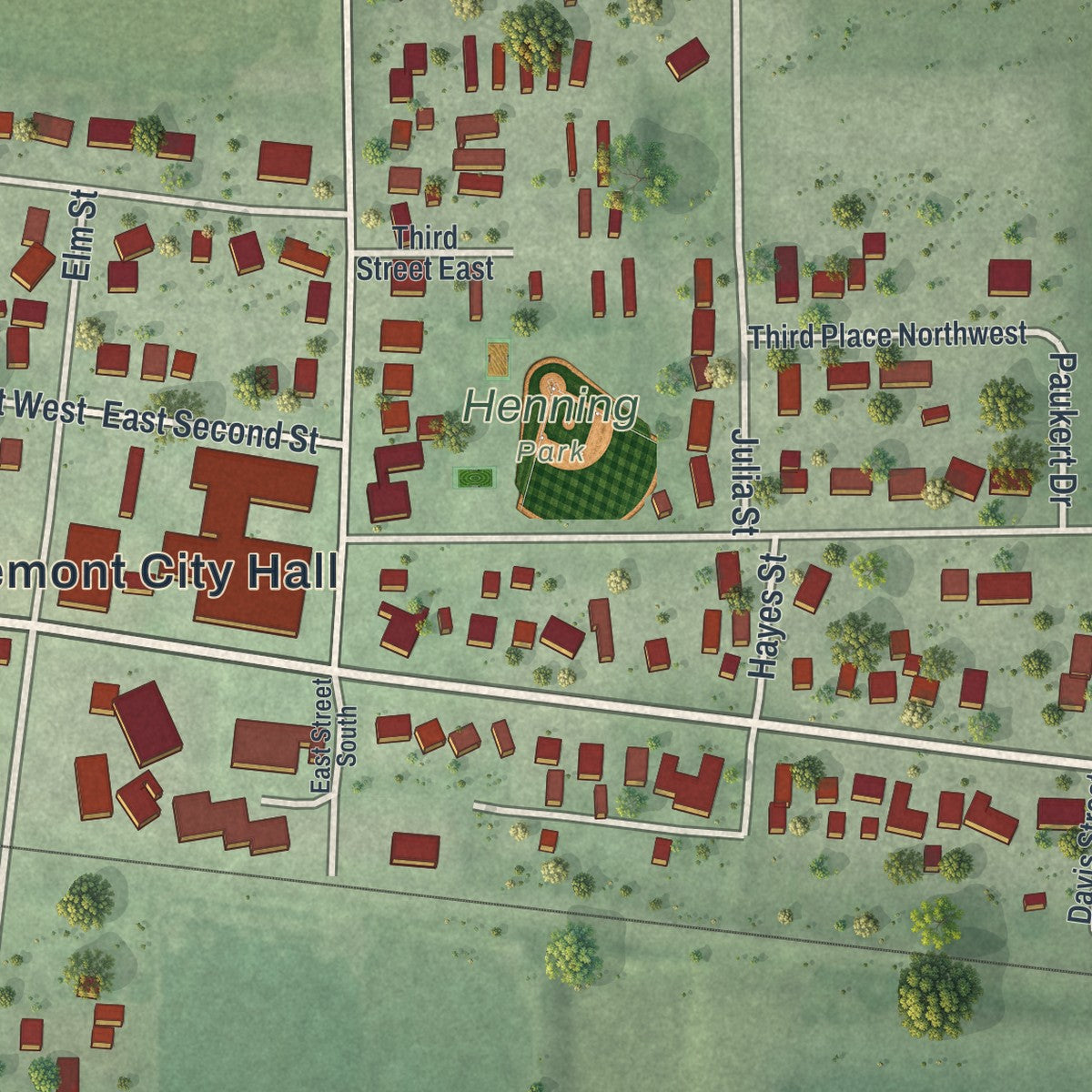 Close-up of the map of Claremont, Minnesota print showing street and building detail