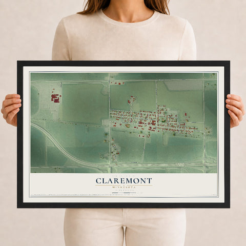 Map of Claremont, Minnesota, 12 x 18 inch print in a black wood frame