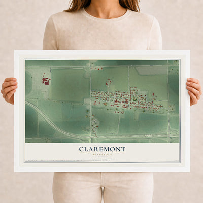 Map of Claremont, Minnesota, 12 x 18 inch print in a white wood frame