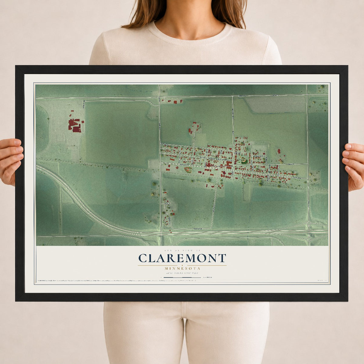 Map of Claremont, Minnesota, 18 x 24 inch print in a black wood frame