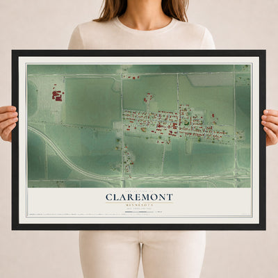 Map of Claremont, Minnesota, 18 x 24 inch print in a black wood frame