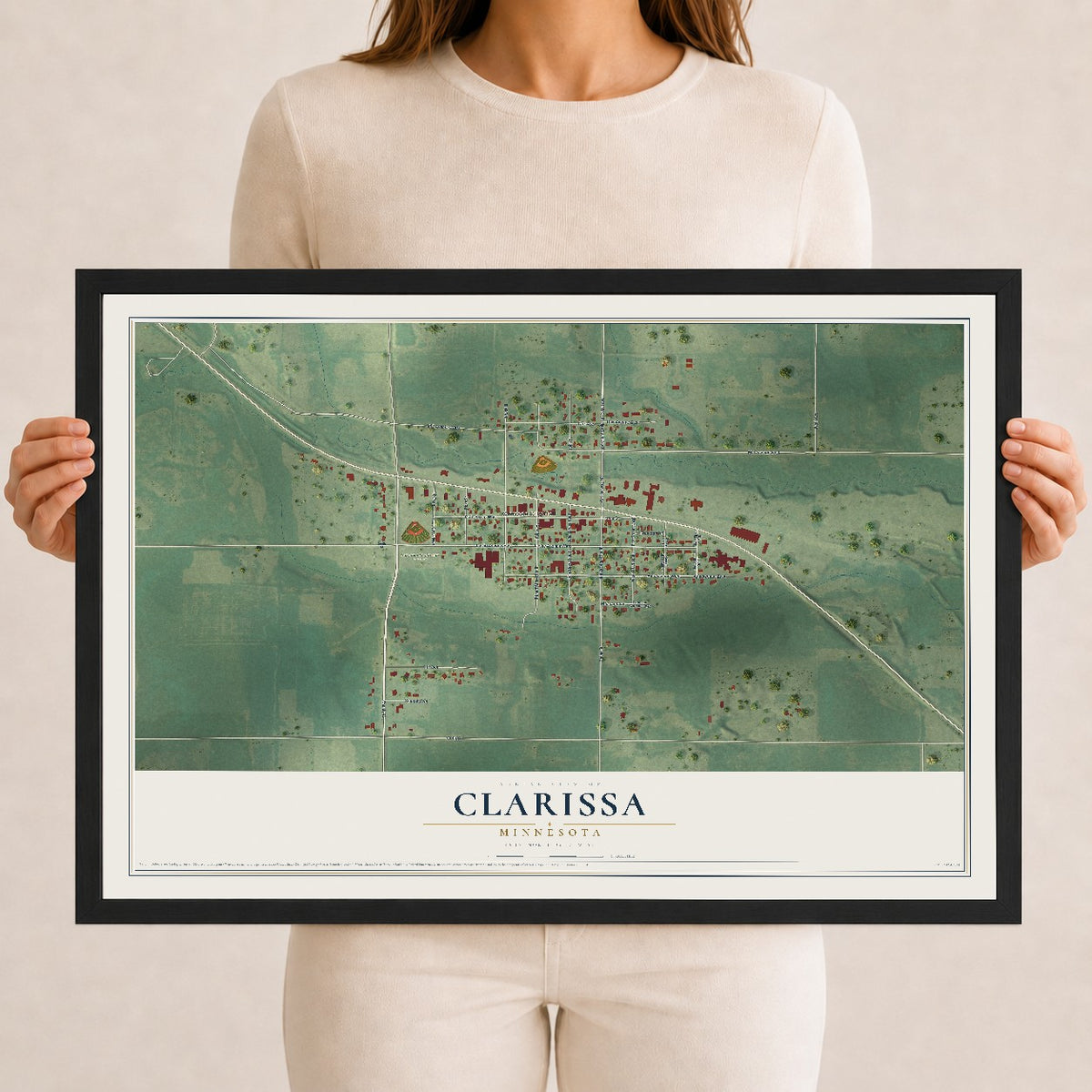 Map of Clarissa, Minnesota, 12 x 18 inch print in a black wood frame