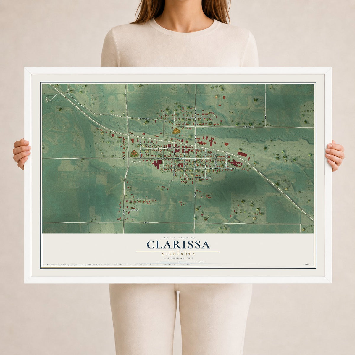 Map of Clarissa, Minnesota, 24 x 36 inch print in a white wood frame