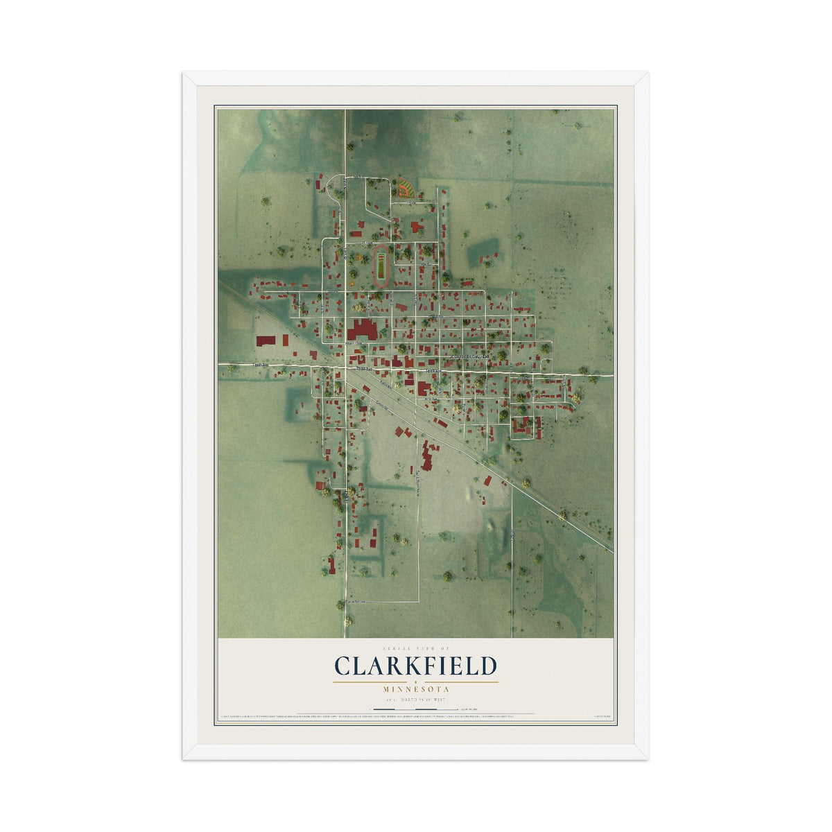 Map of Clarkfield, Minnesota, 12 x 18 inch print in a white wood frame