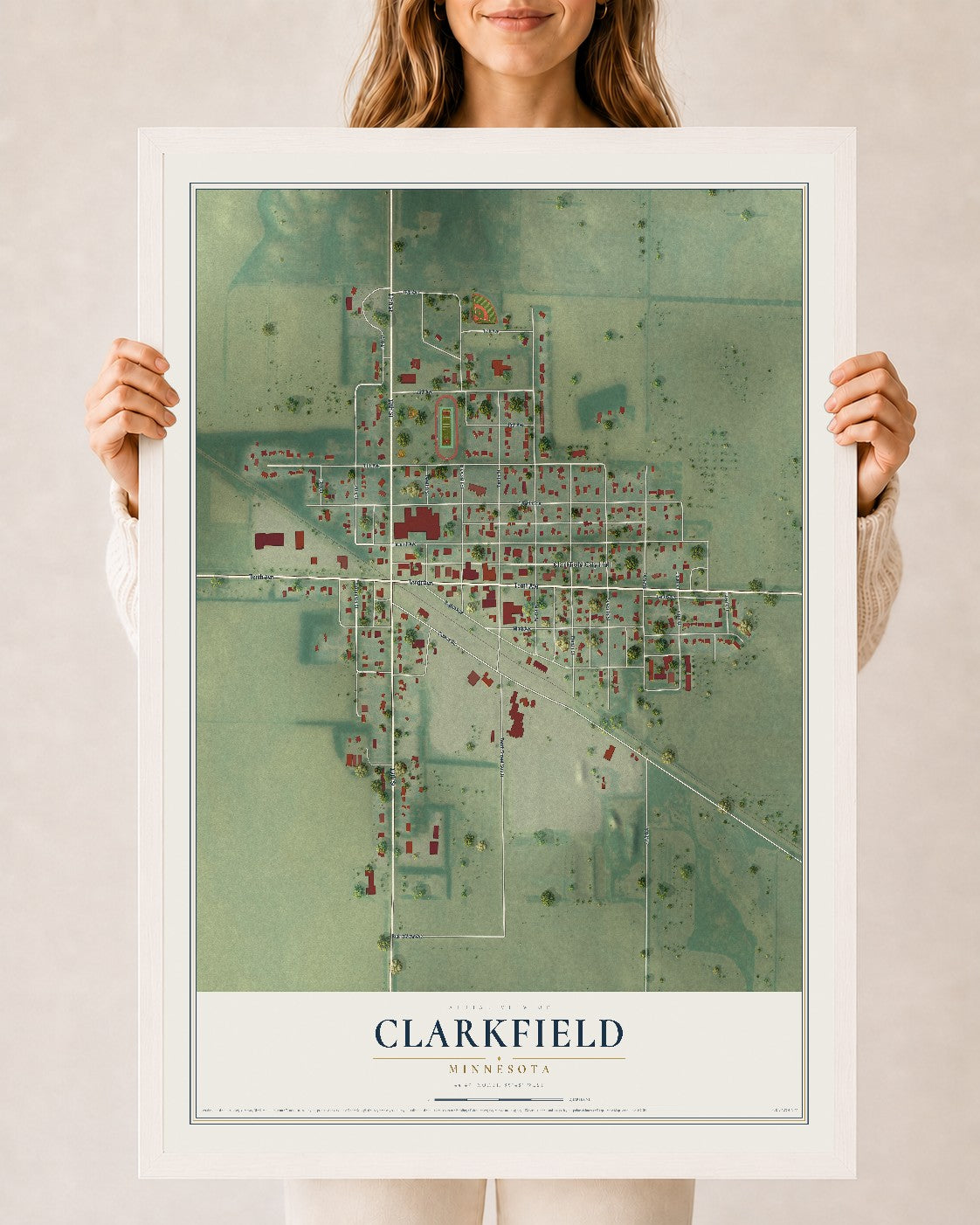 Map of Clarkfield, Minnesota, 24 x 36 inch print in a white wood frame