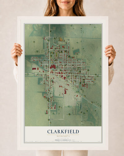 Map of Clarkfield, Minnesota, 24 x 36 inch print in a white wood frame