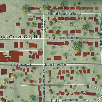 Close-up of the map of Clarks Grove, Minnesota print showing street and building detail