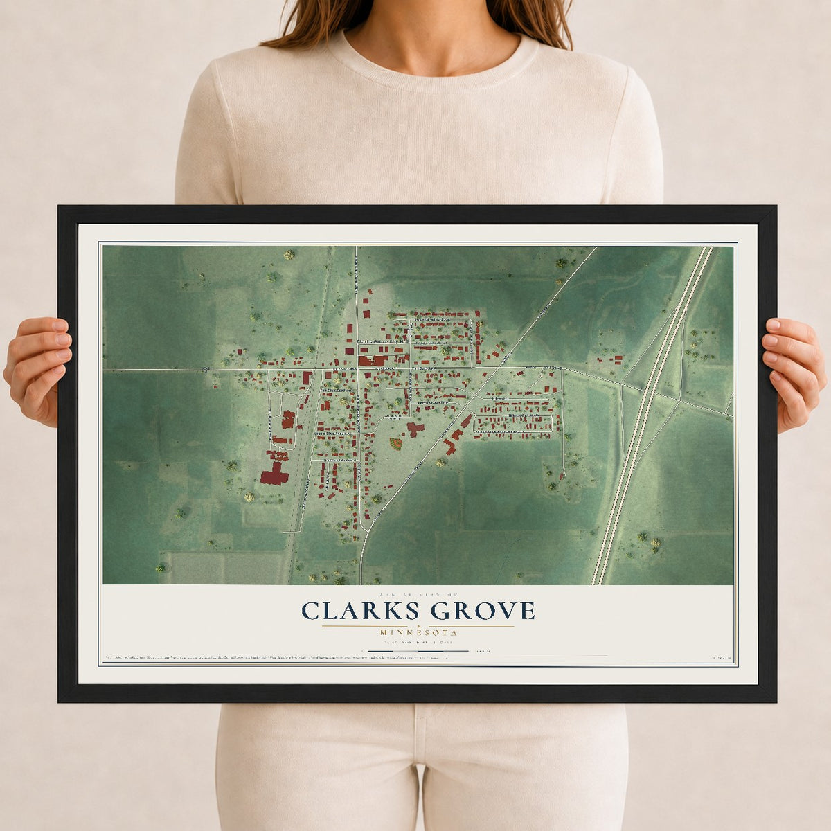 Map of Clarks Grove, Minnesota, 12 x 18 inch print in a black wood frame