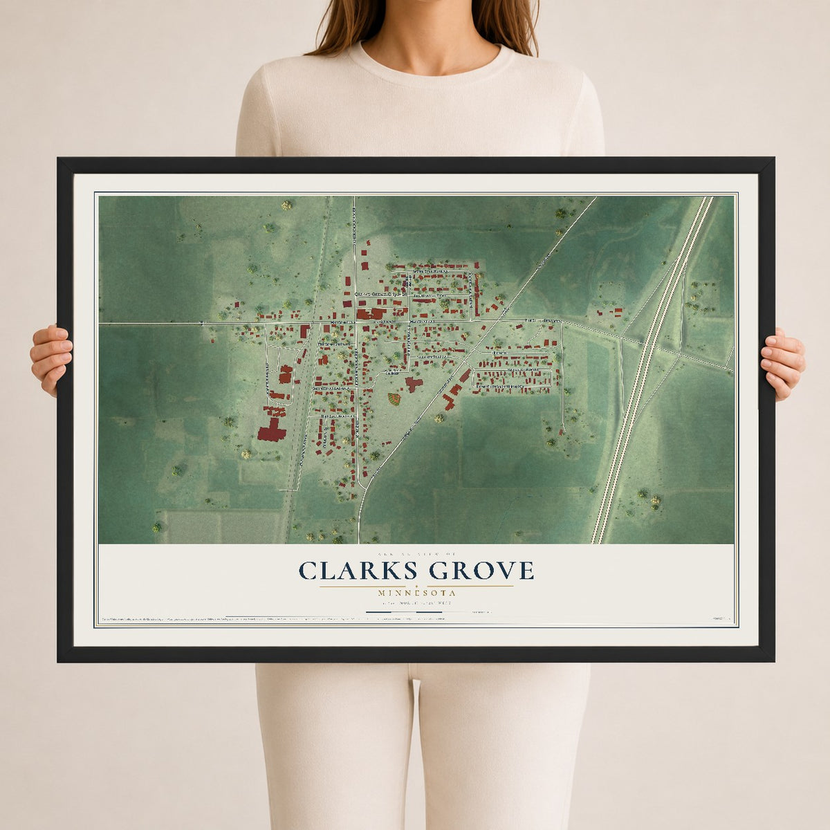 Map of Clarks Grove, Minnesota, 24 x 36 inch print in a black wood frame