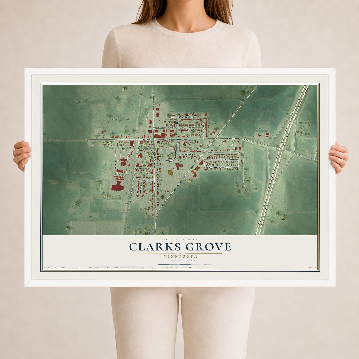Map of Clarks Grove, Minnesota, 24 x 36 inch print in a white wood frame