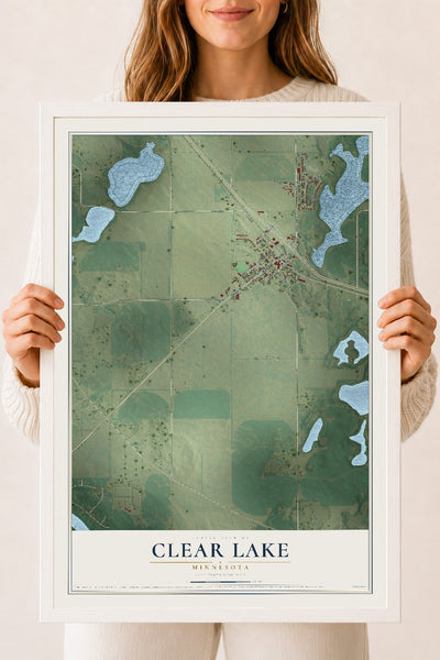 Map of Clear Lake, Minnesota, 18 x 24 inch print in a white wood frame