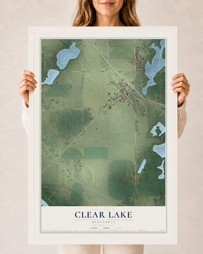 Map of Clear Lake, Minnesota, 24 x 36 inch print in a white wood frame